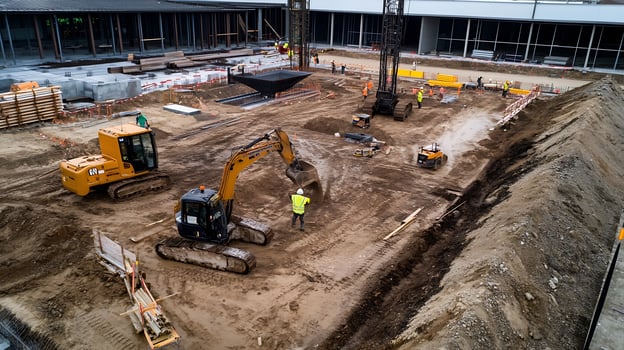 Excavation and Earthmoving Equipment at Busy Construction Site photo
