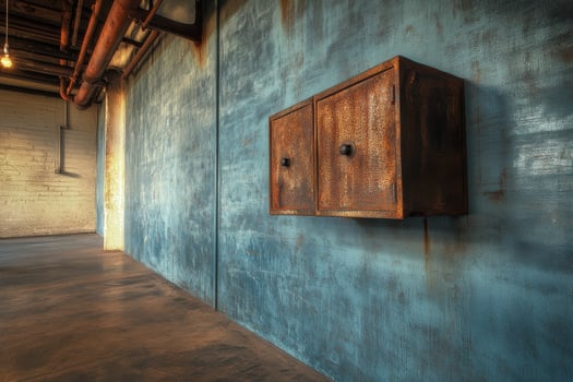 Rusty metal cabinet on blue industrial wall in spacious warehouse interior photo