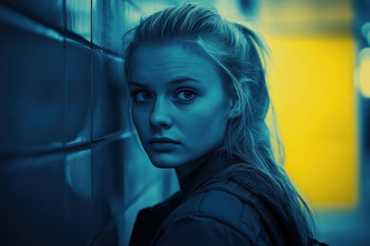 Pensive young woman in blue and yellow lighting in urban hallway photo