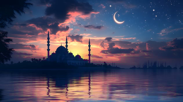 Majestic Mosque Silhouette at Sunset with Crescent Moon and Stars photo