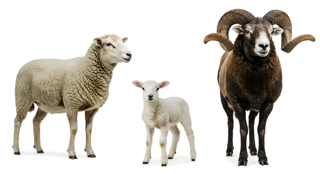 A sheep, a ram and a young lamb isolated on white background 01 photo