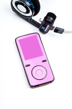 audio player with headphones isolated on white background photo