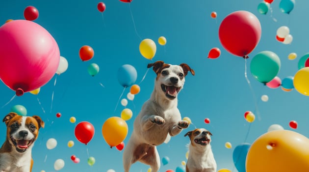 Three dogs are standing in the air with colorful balloons photo