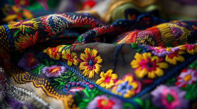 Close up of colorful embroidered fabric photo