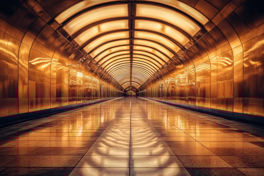 Illuminated underground tunnel with reflective gold walls and arched ceiling design photo