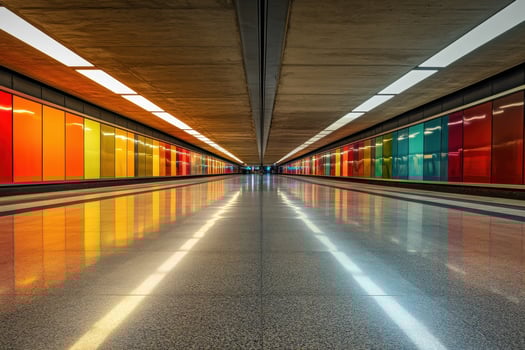 Colorful underground subway tunnel with illuminated walls and symmetrical design photo