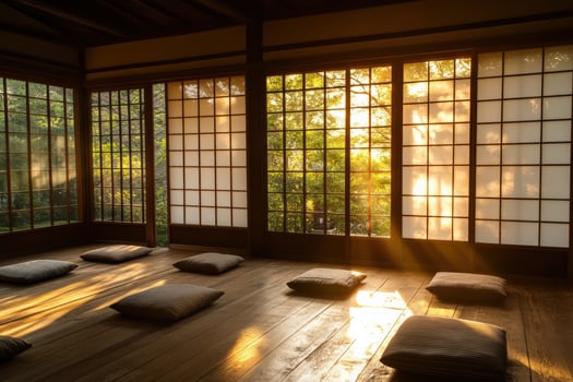 Sunlit traditional japanese room with tatami mats and sliding shoji doors photo