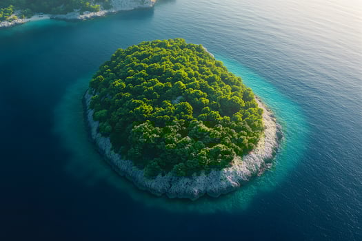 Serene Aerial View of Vibrant Green Island in Tranquil Blue Waters for Nature Design photo