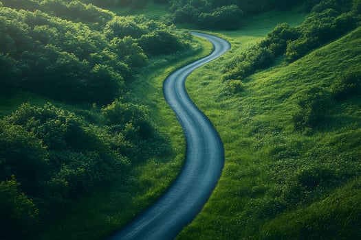 Serene Winding Road Through Lush Green Hills under Soft Morning Light photo
