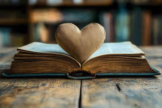 Heartfelt Reading - Vintage Book and Heart on Wooden Table for Cozy Literature Theme photo
