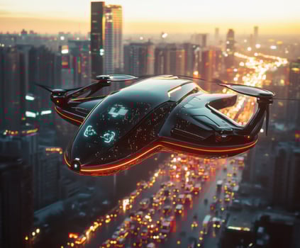 Futuristic flying vehicle navigates a bustling city during sunset, showcasing advanced technology and urban life photo