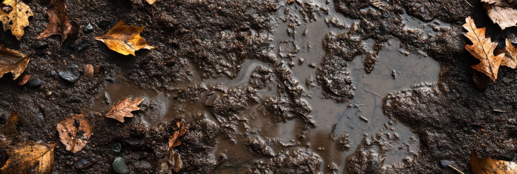 Autumn leaves on muddy ground with rain puddles capturing seasonal change photo
