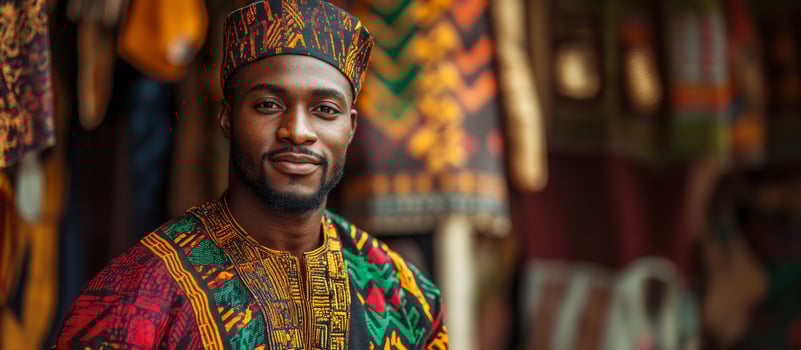 African man in traditional attire and hat with intricate patterns. Black History month, copy space photo