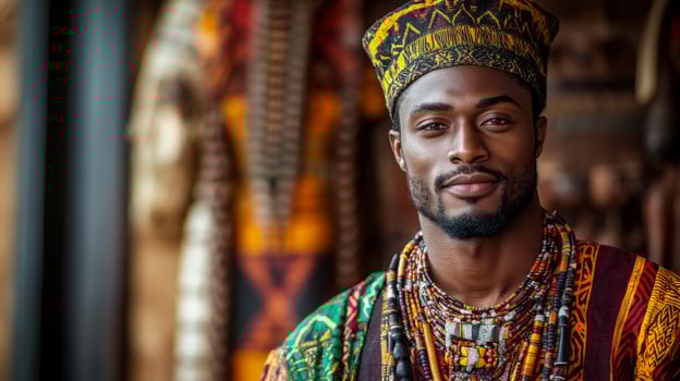 African man in traditional attire with layered beaded necklaces. Black History month, copy space photo