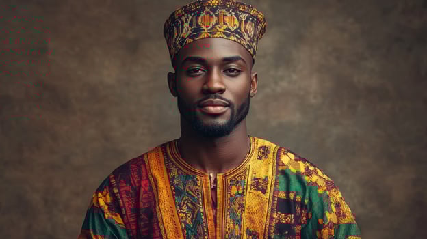 Studio portrait of an African man wearing traditional attire and patterned hat. Black History Month photo