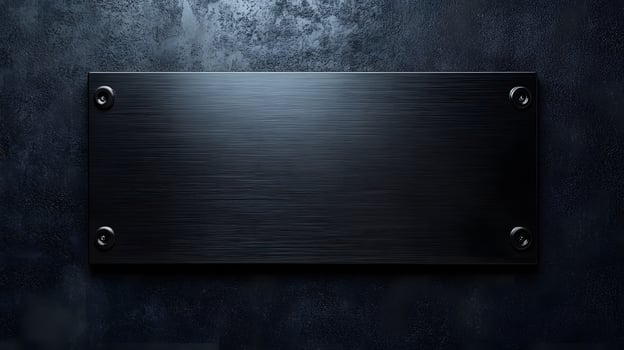 Brushed steel black metal plate exhibits sleek industrial design with rectangular shape and dark finish, mounted on wall with soft ambient lighting. wall photo