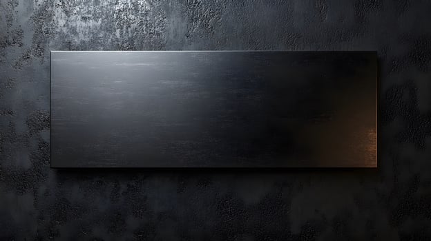 Brushed steel black metal plate exhibits sleek industrial design with rectangular shape and dark finish, mounted on wall with soft ambient lighting. architectural photo