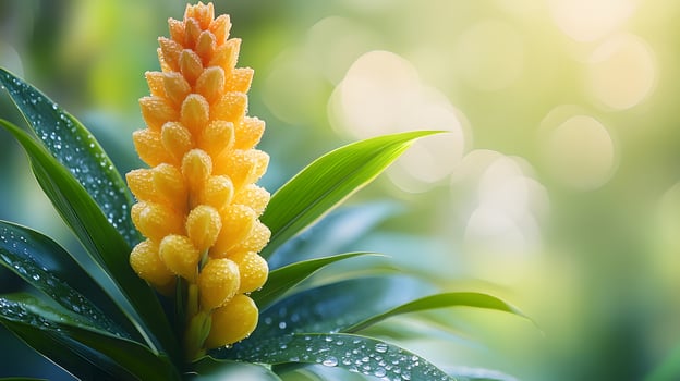Vibrant yellow tropical flower displays delicate petals adorned with morning dew drops, set against soft bokeh background with green leaves in fresh spring atmosphere. bright photo