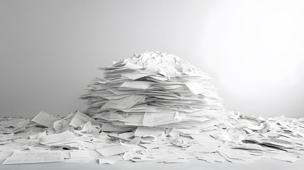 Messy stack of bills and invoices creates chaotic heap of white office papers and financial statements, showing administrative clutter against clean background. bureaucracy photo