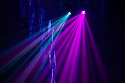Multi-colored laser beams from stage spotlights. photo