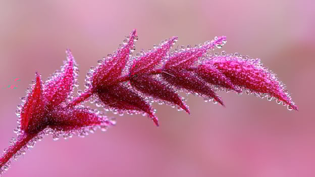 Vibrant Pink Plant Branch with Dew Drops Macro Photography Nature Close up photo