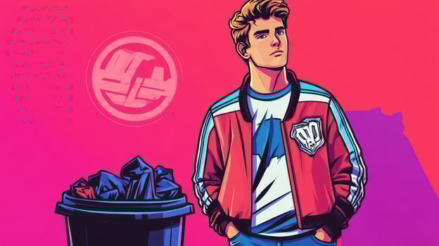 Retro Game Hero Teen in Varsity Jacket Stands Out photo