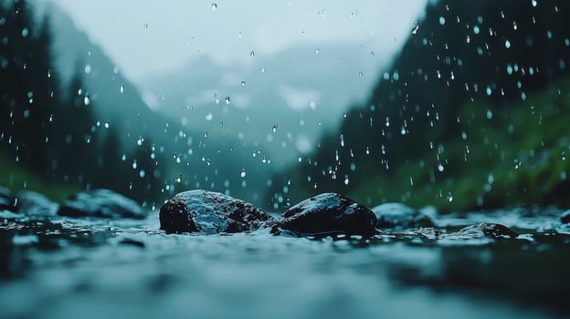 Serene Mountain Stream with Rain Drops Falling on Rocks Nature Photography photo
