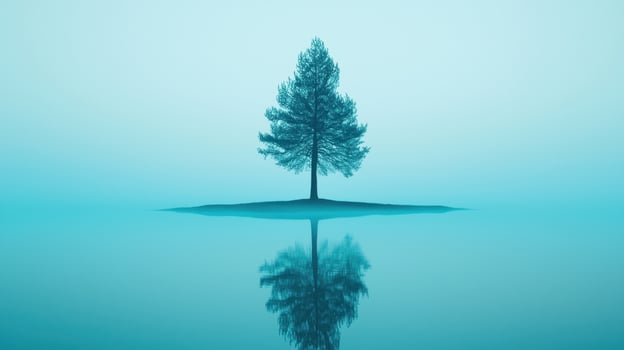 Serene Solitary Tree on Calm Teal Water Peaceful Nature Scene Tranquil Landscape photo