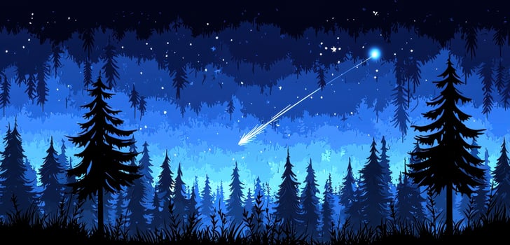 Enchanting Night Scene Shooting Star over Silhouetted Pine Forest photo