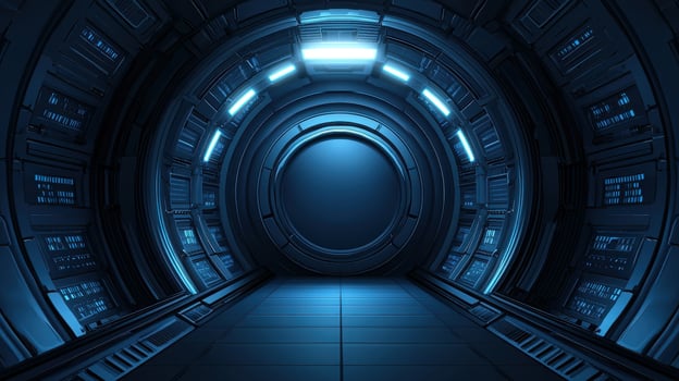 Futuristic Sci Fi Spaceship Corridor Interior Blue Neon Lights Circular Design Technological photo