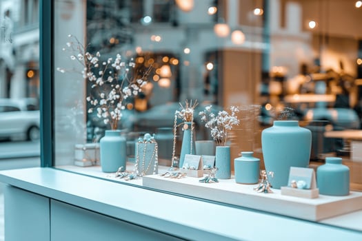 A boutique window features an array of elegant jewelry designs. Various decorative pieces are displayed on a light-colored surface, highlighting delicate materials and soft colors. photo