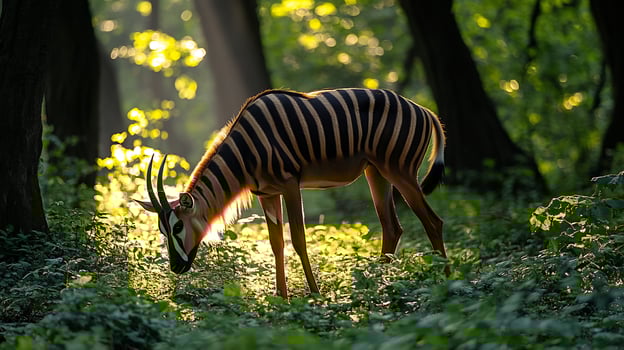 Bongo Tragelaphus eurycerus phylum Chordata class Mammalia order Artiodactyla family Bovidae grazing a sunlit forest clearing its striped body glowing against lush foliage photo