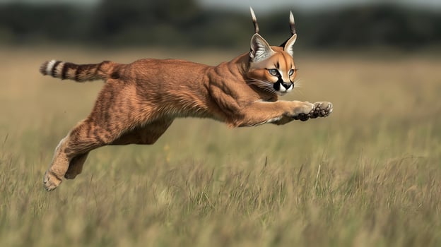 Caracal Caracal caracal phylum Chordata class Mammalia order Carnivora family Felidae midpounce prey in grassy savanna its muscular body stretched and tufted ears sharply raised photo