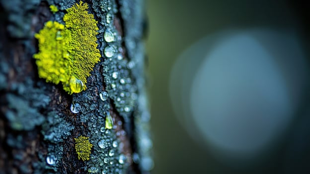 Vibrant Yellow Lichen on Tree Bark with Dew Drops Close Up Nature Macro Photography photo