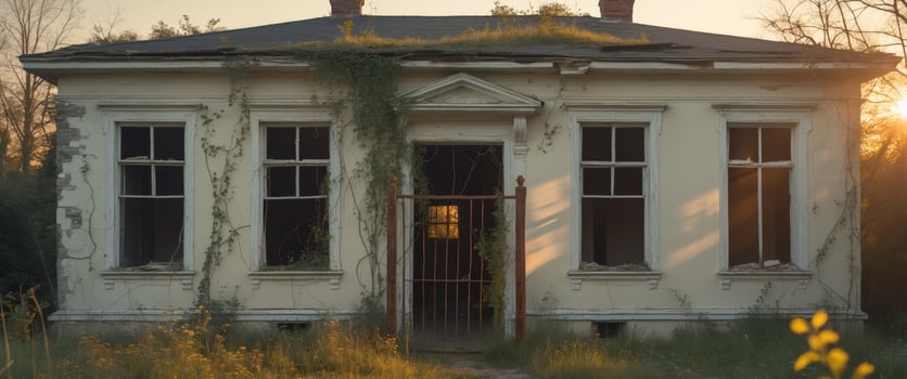 Abandoned and dilapidated old house with broken windows in an overgrown yard photo