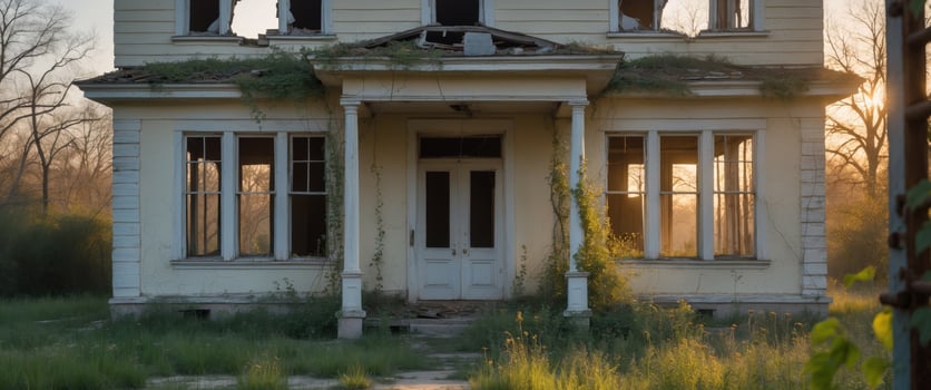 Abandoned and dilapidated old house with broken windows in an overgrown yard. photo