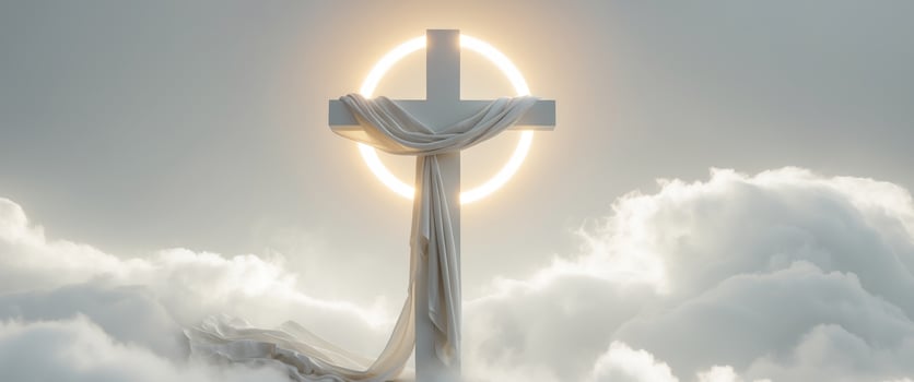 Cross with radiant halo and draped cloth in clouds. photo