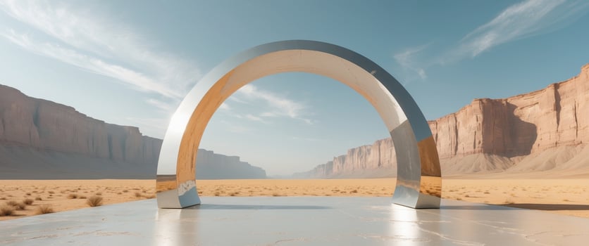 Reflective archway standing in the middle of a vast desert with towering cliffs in the background. photo