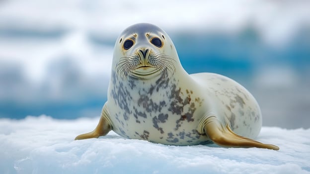 Hooded Seal Cystophora cristata phylum Chordata class Mammalia order Carnivora family Phocidae resting an Arctic ice floe its smooth body glowing under the polar sun surrounded by icy waters photo