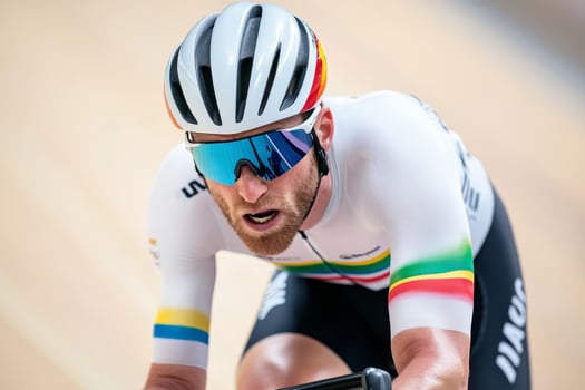 Competitive cyclist racing at an indoor velodrome during an intense cycling event in the afternoon sunlight photo