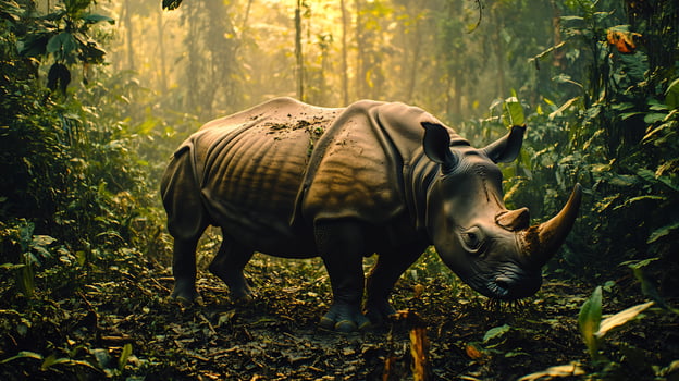 Javan Rhino Rhinoceros sondaicus phylum Chordata class Mammalia order Perissodactyla family Rhinocerotidae grazing a secluded forest clearing its armored skin glowing under filtered sunlight photo