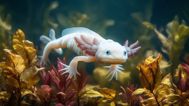 White Axolotl Ambystoma mexicanum phylum Chordata class Amphibia order Urodela family Ambystomatidae swimming gracefully among aquatic plants delicate gills glowing in natural sunlight photo