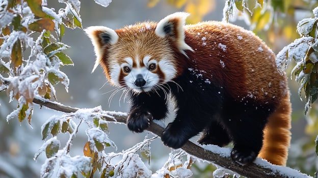 Red Panda Ailurus fulgens phylum Chordata class Mammalia order Carnivora family Ailuridae climbing snowcovered branch its fluffy fur glowing under soft winter light photo