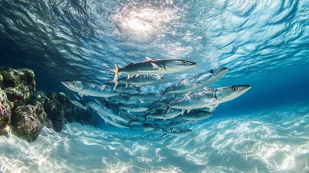 Shoal of Barracuda Sphyraena barracuda phylum Chordata class Actinopterygii order Perciformes family Sphyraenidae swirling perfect unison in tropical waters their silver bodies reflecting sunlight photo