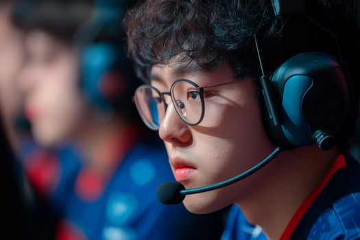 Focused gamer immersed in an intense esports competition at an arena during a tournament photo