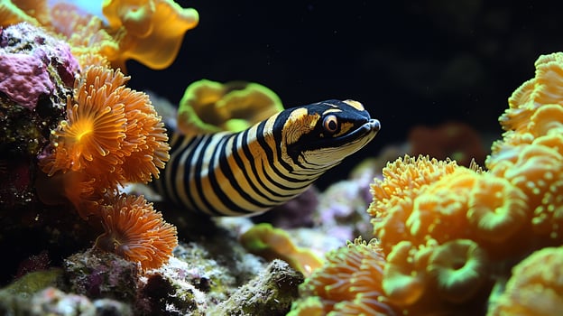 Zebra Moray Eel Gymnomuraena zebra phylum Chordata class Actinopterygii order Anguilliformes family Muraenidae weaving through coral reefs striped body glowing under soft underwater light photo