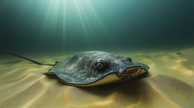 Electric Ray Torpedo marmorata phylum Chordata class Chondrichthyes order Torpediniformes family Torpedinidae resting a sandy seafloor its textured body glowing under filtered light photo
