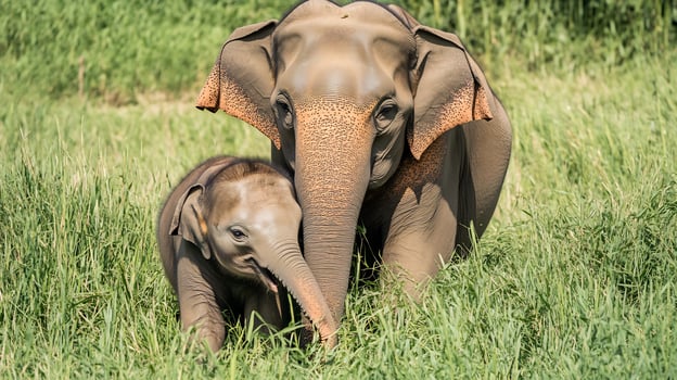 Elephant Mother Loxodonta africana family Elephantidae gently guiding her calf through tall grass their trunks intertwined highlighting maternal bonds savanna wildlife photo