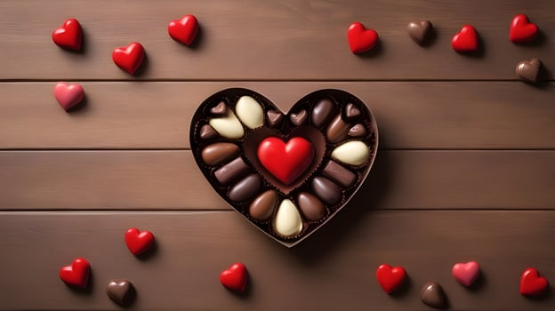 A set of heart-shaped chocolates arranged on a wooden table with gentle lighting, the warm tones of the wood enhancing the details, and ample space for text. photo
