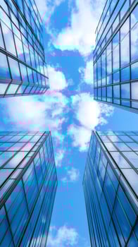 Skyscrapers surrounded by bright blue sky and fluffy clouds on a sunny day in an urban setting photo